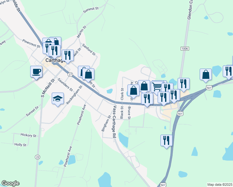 map of restaurants, bars, coffee shops, grocery stores, and more near 201 Isley Street in Carthage