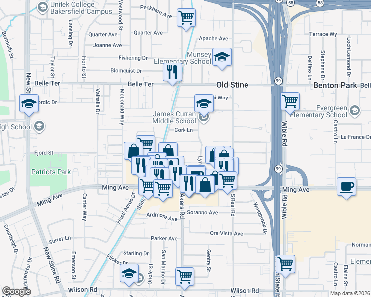 map of restaurants, bars, coffee shops, grocery stores, and more near 4016 Granada Avenue in Bakersfield