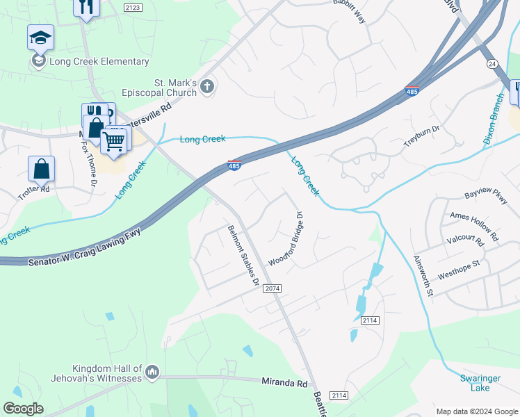 map of restaurants, bars, coffee shops, grocery stores, and more near 8325 Rhian Brook Lane in Charlotte