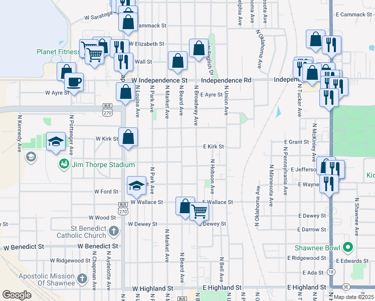 map of restaurants, bars, coffee shops, grocery stores, and more near 1116 North Broadway Avenue in Shawnee