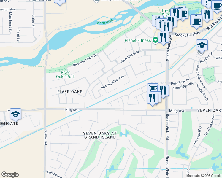 map of restaurants, bars, coffee shops, grocery stores, and more near 12014 Roaring River Avenue in Bakersfield