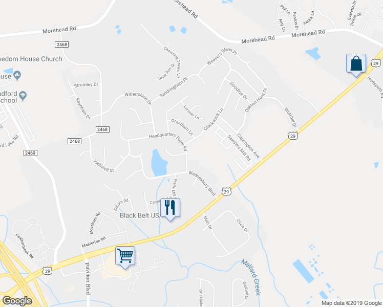 map of restaurants, bars, coffee shops, grocery stores, and more near 12203 Clackwyck Lane in Charlotte