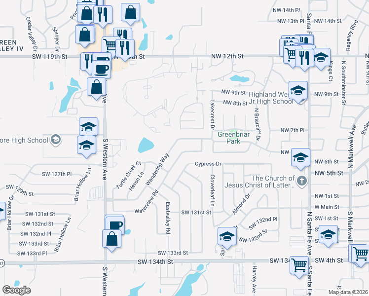 map of restaurants, bars, coffee shops, grocery stores, and more near 529 Wandering Way in Oklahoma City