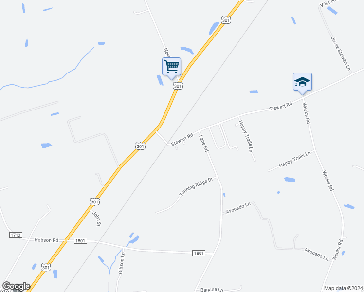 map of restaurants, bars, coffee shops, grocery stores, and more near 30 Claire Drive in Dunn