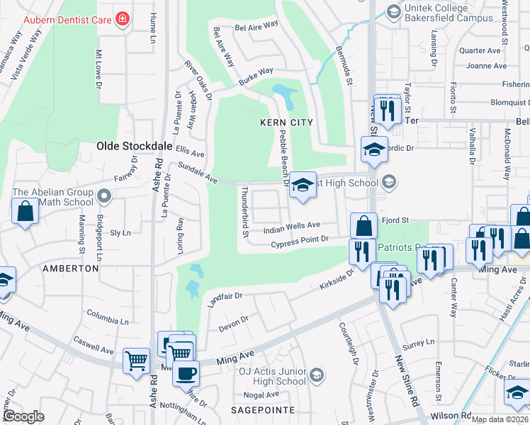 map of restaurants, bars, coffee shops, grocery stores, and more near 5909 Sunny Palms Avenue in Bakersfield
