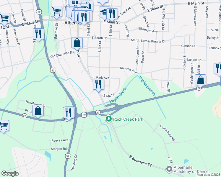 map of restaurants, bars, coffee shops, grocery stores, and more near 711/713 North 4th Street in Albemarle