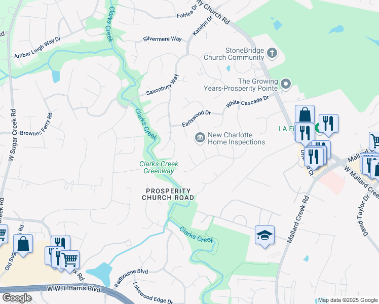 map of restaurants, bars, coffee shops, grocery stores, and more near 9601 Runswyck Court in Charlotte