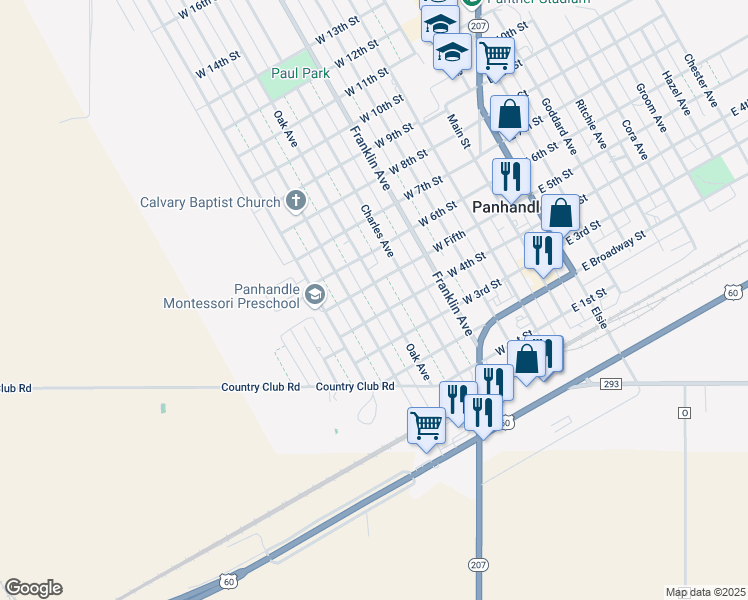 map of restaurants, bars, coffee shops, grocery stores, and more near 501 West 5th Street in Panhandle