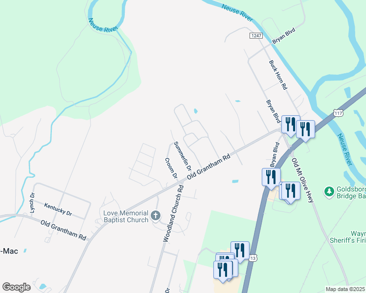 map of restaurants, bars, coffee shops, grocery stores, and more near 501 Summerlin Drive in Goldsboro