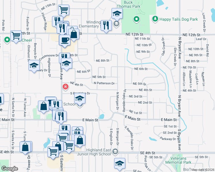 map of restaurants, bars, coffee shops, grocery stores, and more near 1125 North Patterson Drive in Moore