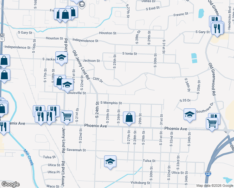map of restaurants, bars, coffee shops, grocery stores, and more near 2613 Louisville Street in Fort Smith