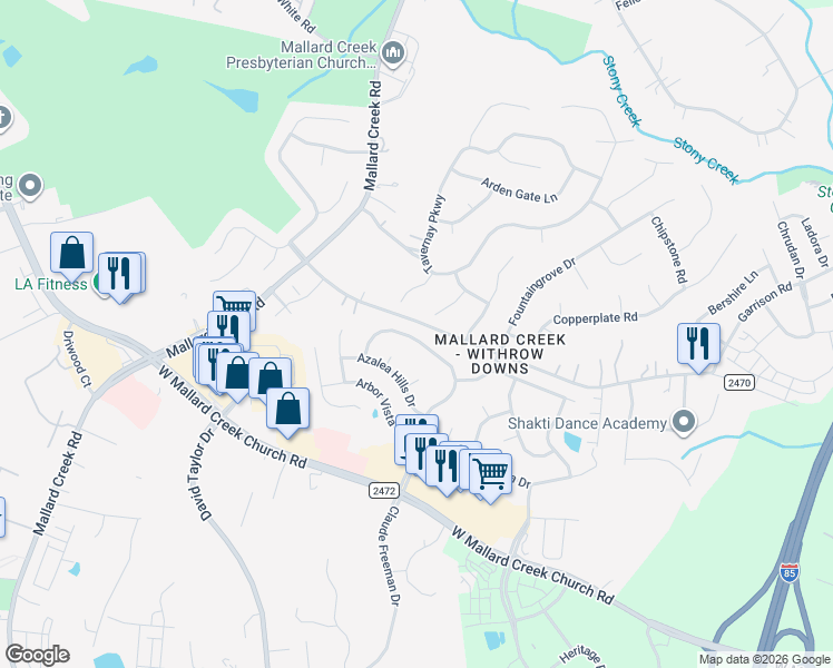 map of restaurants, bars, coffee shops, grocery stores, and more near 10822 Claude Freeman Drive in Charlotte