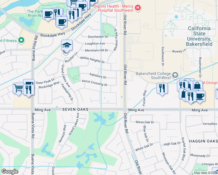 map of restaurants, bars, coffee shops, grocery stores, and more near 10303 Ascot Crossing Street in Bakersfield