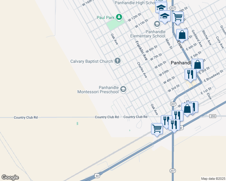 map of restaurants, bars, coffee shops, grocery stores, and more near 701 Pecan Avenue in Panhandle