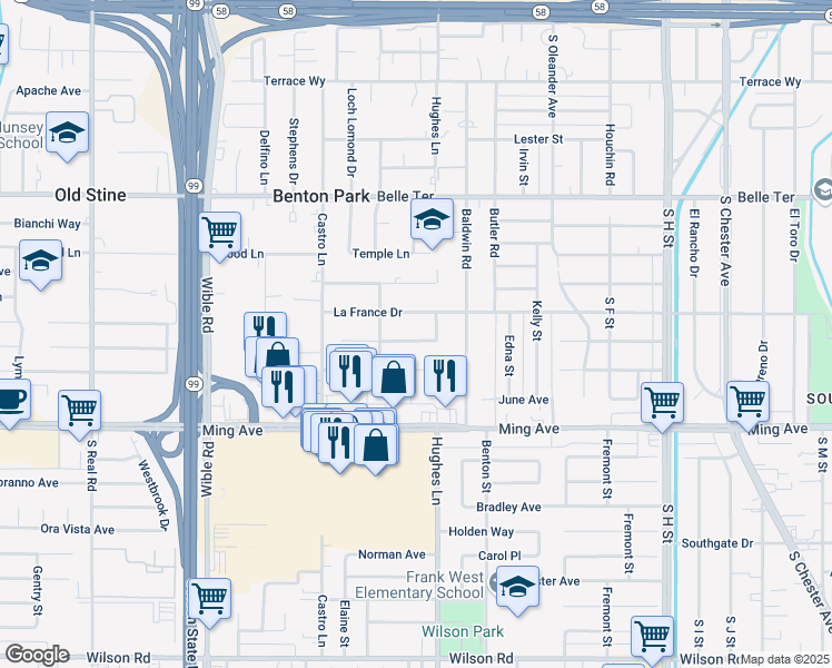 map of restaurants, bars, coffee shops, grocery stores, and more near 2517 La France Drive in Bakersfield
