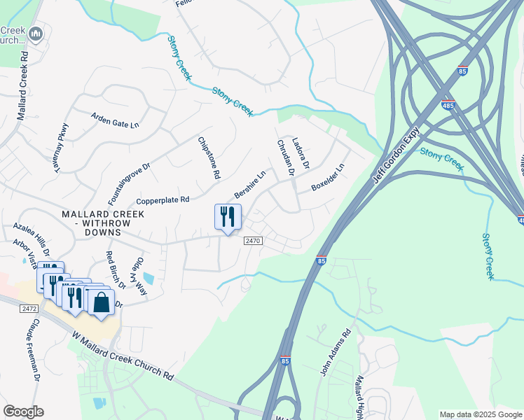 map of restaurants, bars, coffee shops, grocery stores, and more near 1309 Bershire Lane in Charlotte