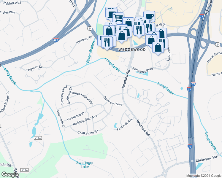 map of restaurants, bars, coffee shops, grocery stores, and more near 9641 Nettle Drive in Charlotte