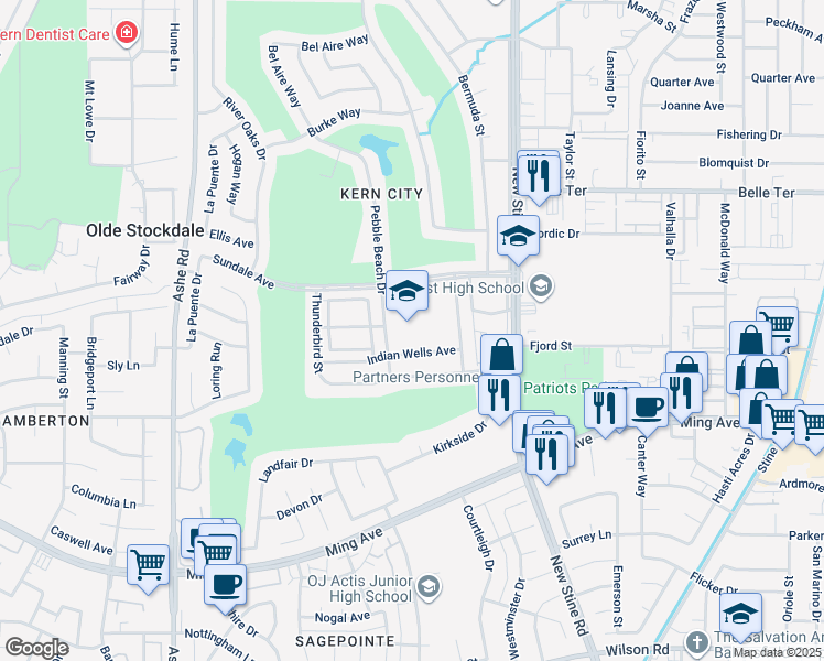 map of restaurants, bars, coffee shops, grocery stores, and more near 5801 Sundale Avenue in Bakersfield