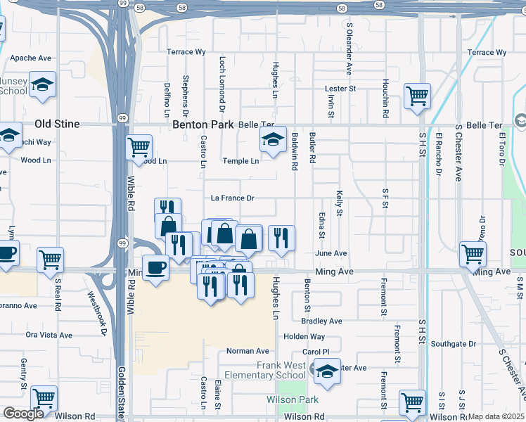 map of restaurants, bars, coffee shops, grocery stores, and more near 2517 La France Drive in Bakersfield