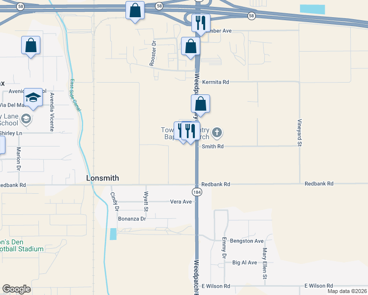 map of restaurants, bars, coffee shops, grocery stores, and more near 1430 Weedpatch Highway in Bakersfield