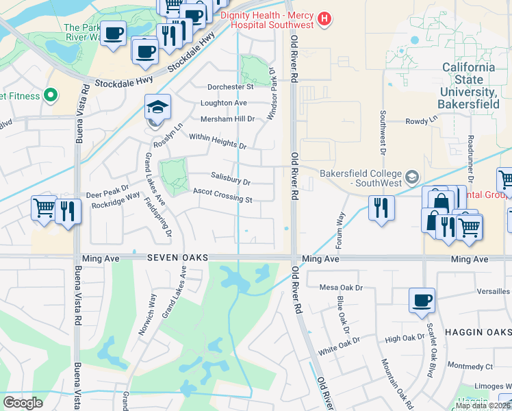 map of restaurants, bars, coffee shops, grocery stores, and more near 10303 Ascot Crossing Street in Bakersfield