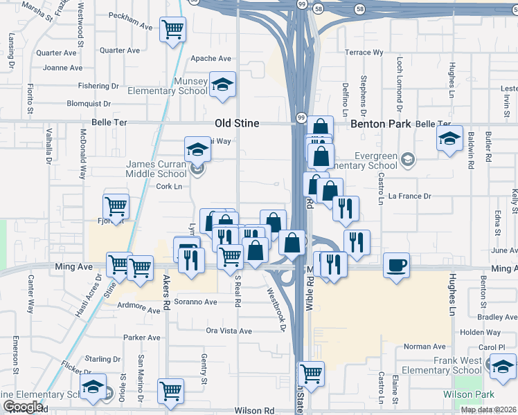 map of restaurants, bars, coffee shops, grocery stores, and more near 3416 Laverne Avenue in Bakersfield