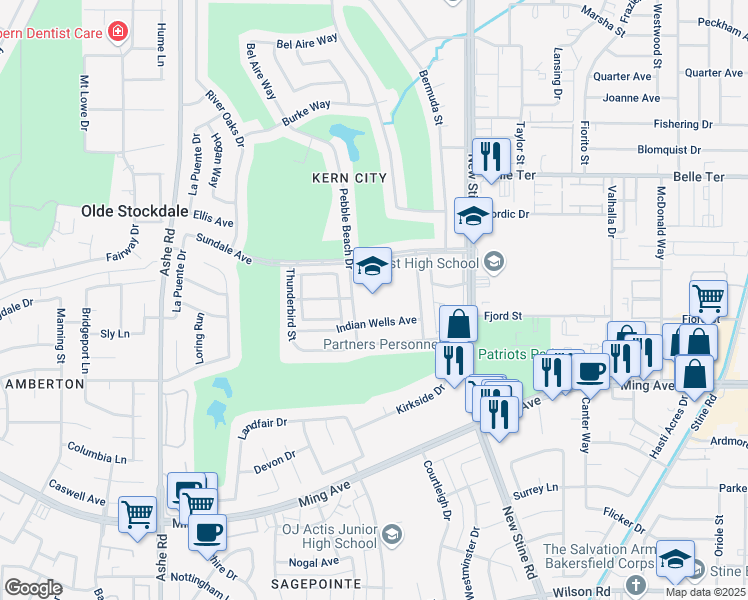 map of restaurants, bars, coffee shops, grocery stores, and more near 5801 Sundale Avenue in Bakersfield