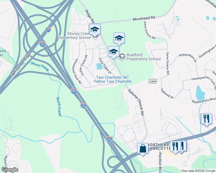 map of restaurants, bars, coffee shops, grocery stores, and more near 13925 Mallard Lake Road in Charlotte