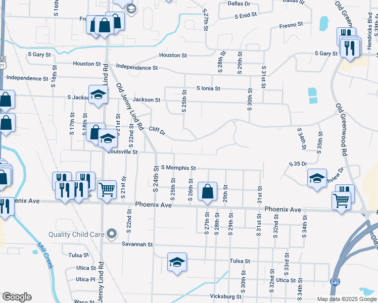 map of restaurants, bars, coffee shops, grocery stores, and more near 4217 South 25th Circle in Fort Smith