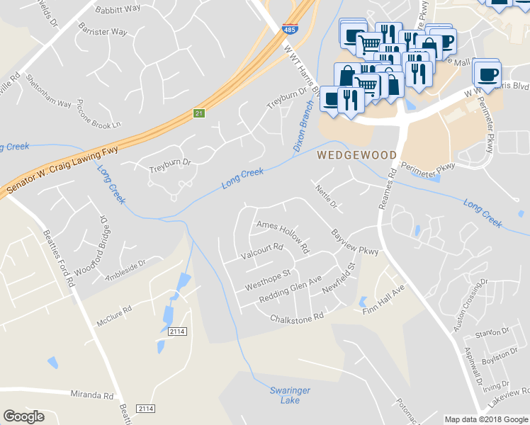 map of restaurants, bars, coffee shops, grocery stores, and more near 9623 Bayview Parkway in Charlotte