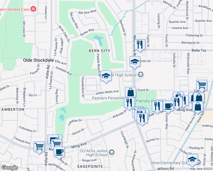 map of restaurants, bars, coffee shops, grocery stores, and more near 5801 Sundale Avenue in Bakersfield