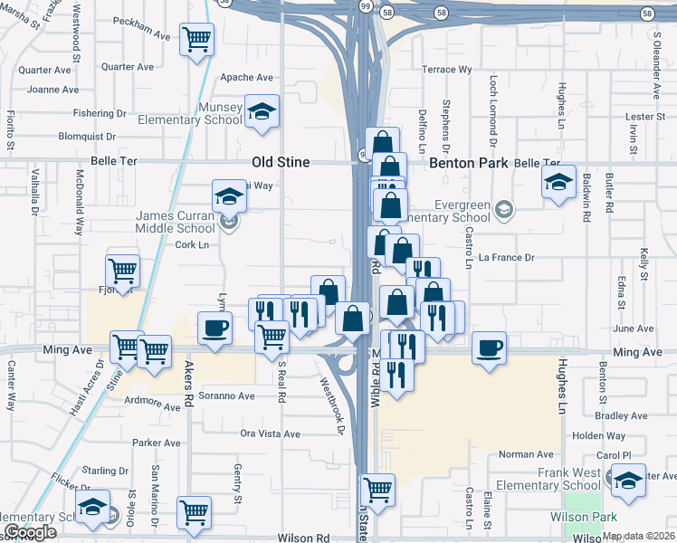 map of restaurants, bars, coffee shops, grocery stores, and more near 3401 Laverne Avenue in Bakersfield