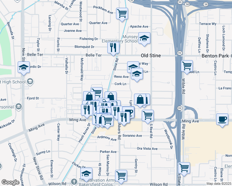 map of restaurants, bars, coffee shops, grocery stores, and more near 4117 Erin Court in Bakersfield