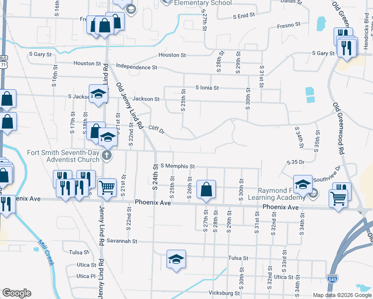 map of restaurants, bars, coffee shops, grocery stores, and more near 2611 Louisville Street in Fort Smith