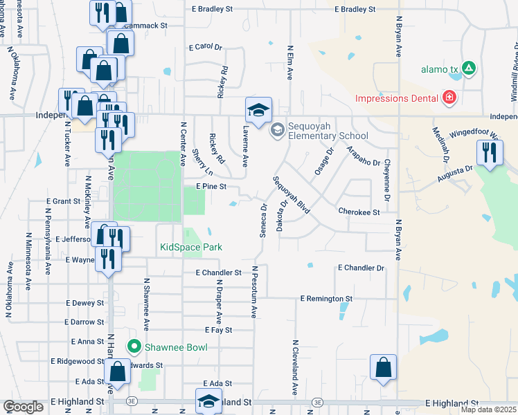 map of restaurants, bars, coffee shops, grocery stores, and more near 13 Seneca Drive in Shawnee