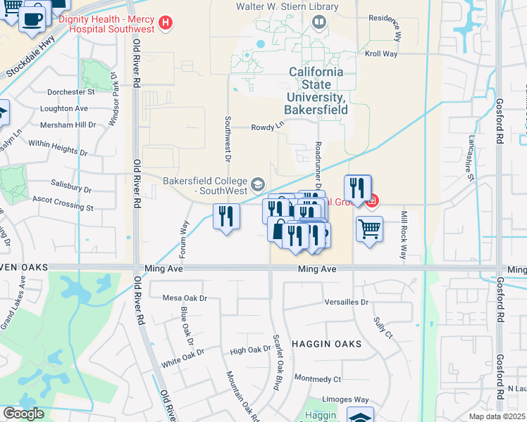 map of restaurants, bars, coffee shops, grocery stores, and more near 9101 Camino Media in Bakersfield