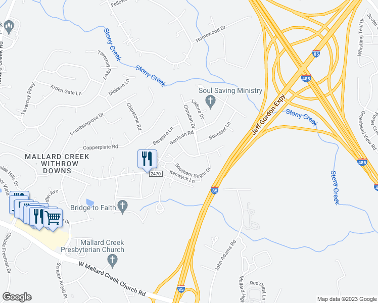 map of restaurants, bars, coffee shops, grocery stores, and more near 1230 Jade Glen Drive in Charlotte