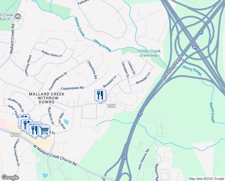 map of restaurants, bars, coffee shops, grocery stores, and more near 1309 Bershire Lane in Charlotte
