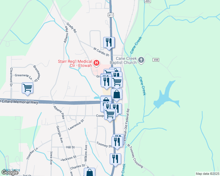 map of restaurants, bars, coffee shops, grocery stores, and more near 861 Tennessee Avenue in Etowah