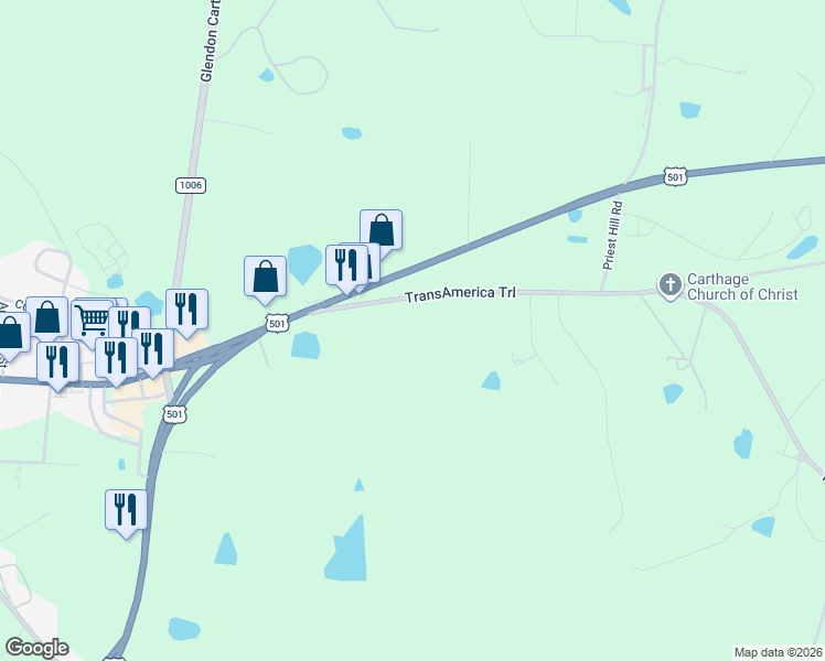 map of restaurants, bars, coffee shops, grocery stores, and more near 210 Union Church Road in Carthage