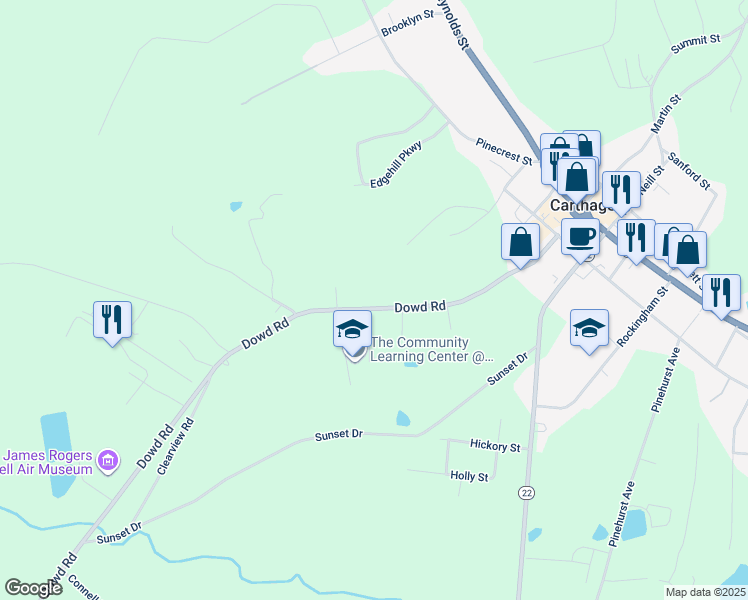 map of restaurants, bars, coffee shops, grocery stores, and more near Dowd Road in Moore County