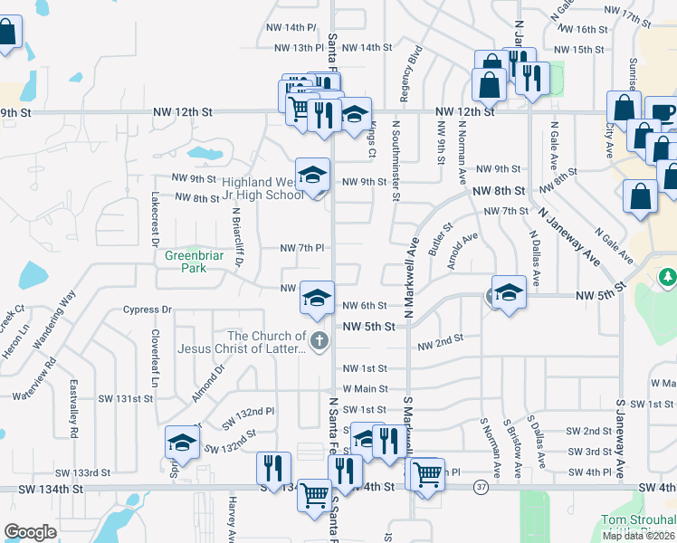 map of restaurants, bars, coffee shops, grocery stores, and more near 800 North Santa Fe Avenue in Moore