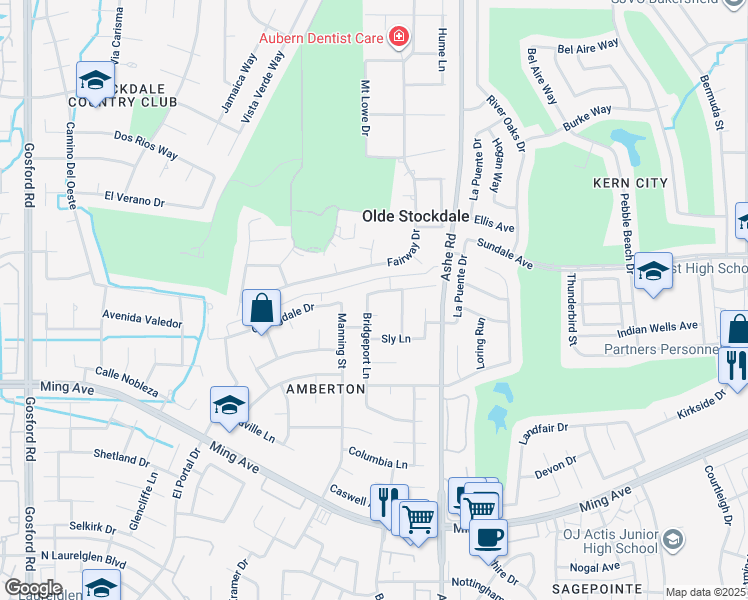 map of restaurants, bars, coffee shops, grocery stores, and more near 6713 Kearsarge Way in Bakersfield