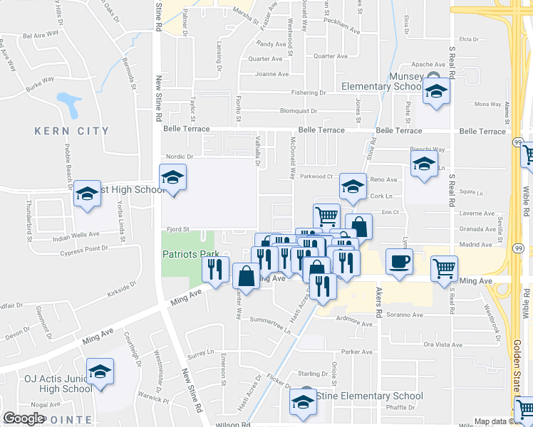 map of restaurants, bars, coffee shops, grocery stores, and more near 1300 Valhalla Drive in Bakersfield