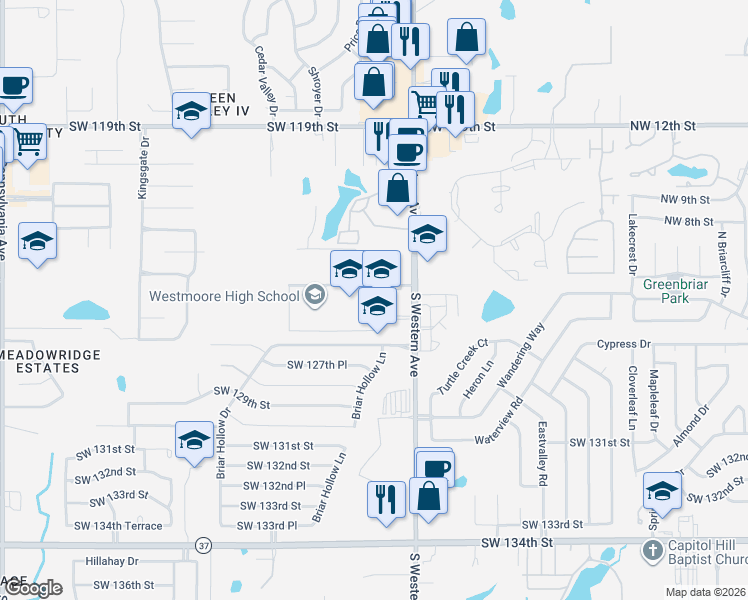 map of restaurants, bars, coffee shops, grocery stores, and more near 12501 South Western Avenue in Oklahoma City