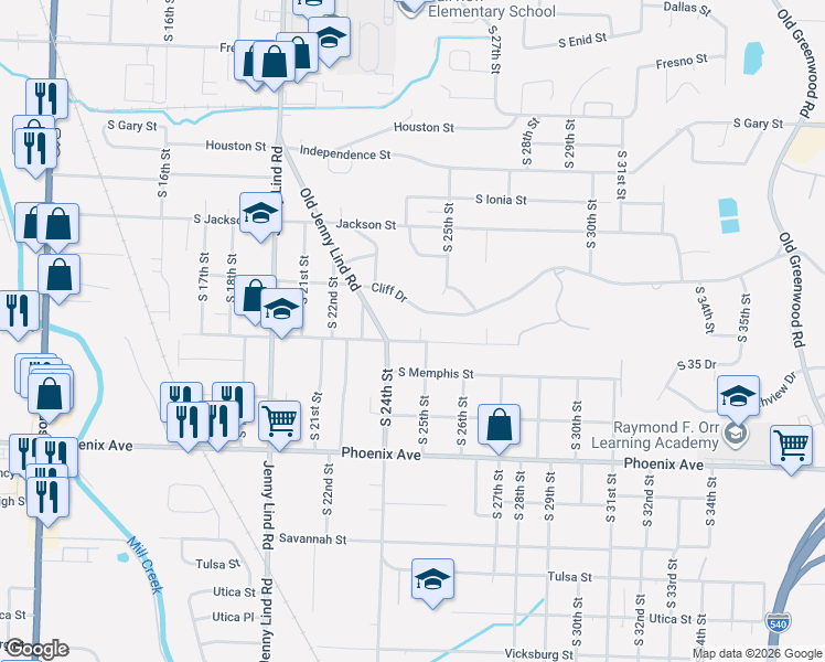 map of restaurants, bars, coffee shops, grocery stores, and more near 2401 Louisville Street in Fort Smith