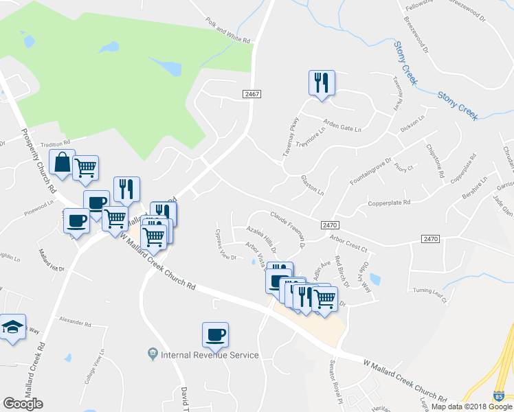 map of restaurants, bars, coffee shops, grocery stores, and more near 10914 Claude Freeman Drive in Charlotte