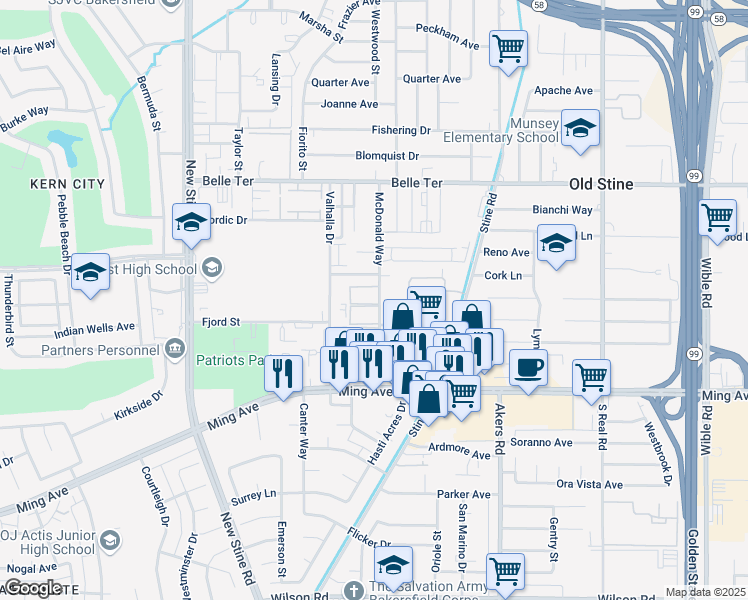 map of restaurants, bars, coffee shops, grocery stores, and more near 1301 McDonald Way in Bakersfield