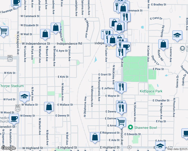 map of restaurants, bars, coffee shops, grocery stores, and more near 514 East Grant Street in Shawnee