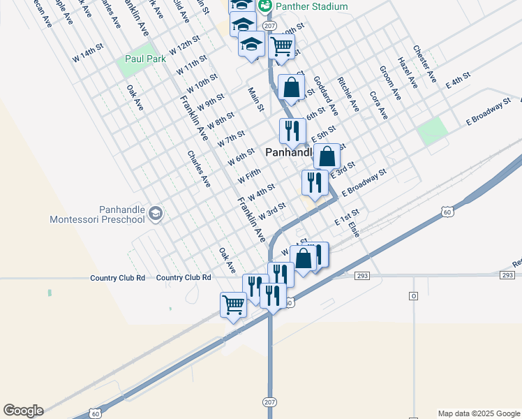 map of restaurants, bars, coffee shops, grocery stores, and more near 301 Park Avenue in Panhandle